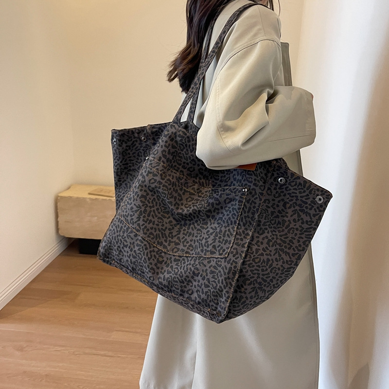 Women Bags Office - 레오파드 패턴 토트백 빈티지 캔버스 숄더백