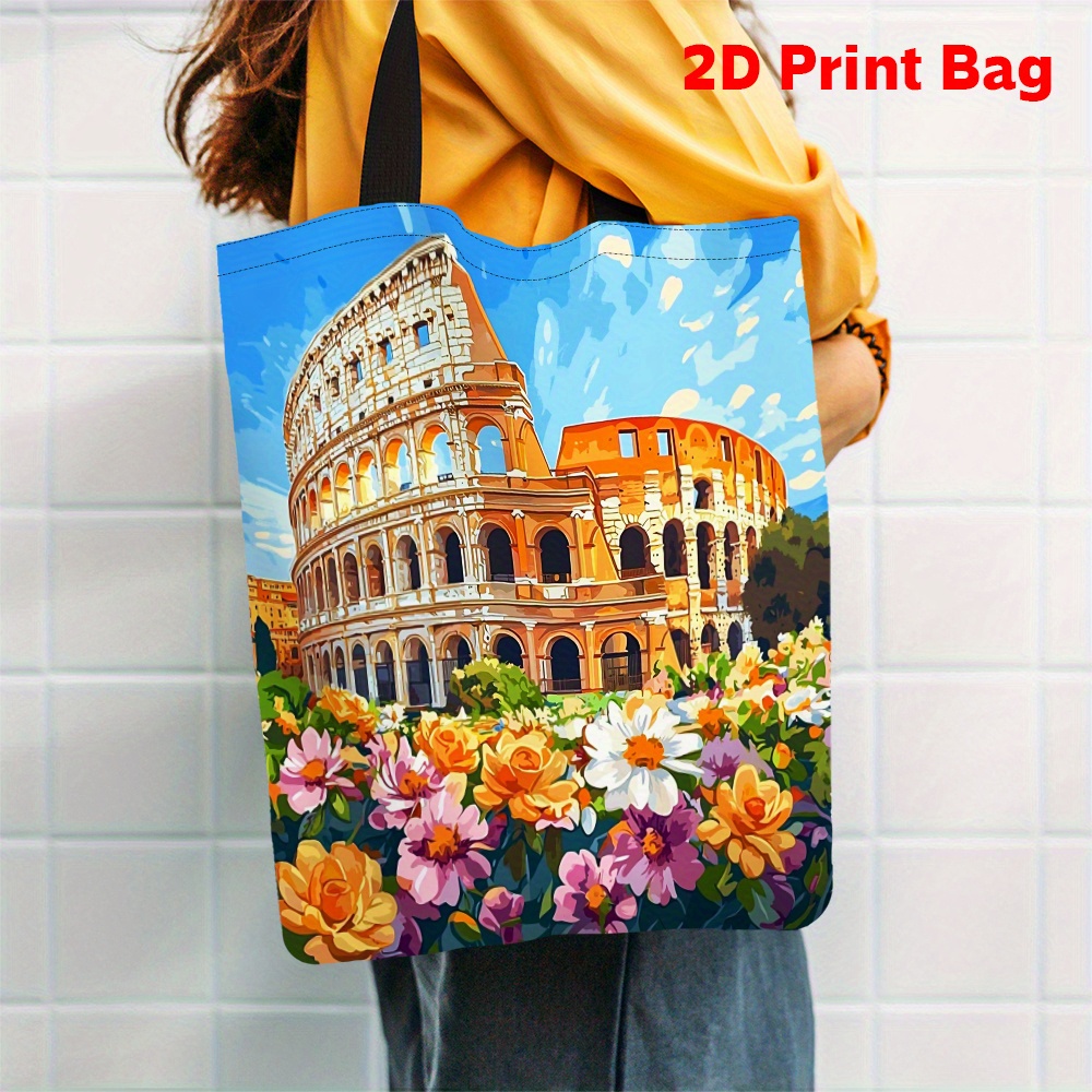 Women Bags Rome - 1pc 프린트 토트백, 꽃으로 둘러싸인 로마의