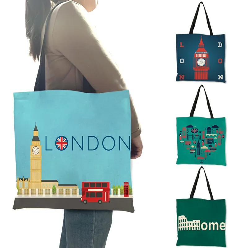 Women Bags Rome - 고품질 린넨 숄더백 런던 빅벤 타워