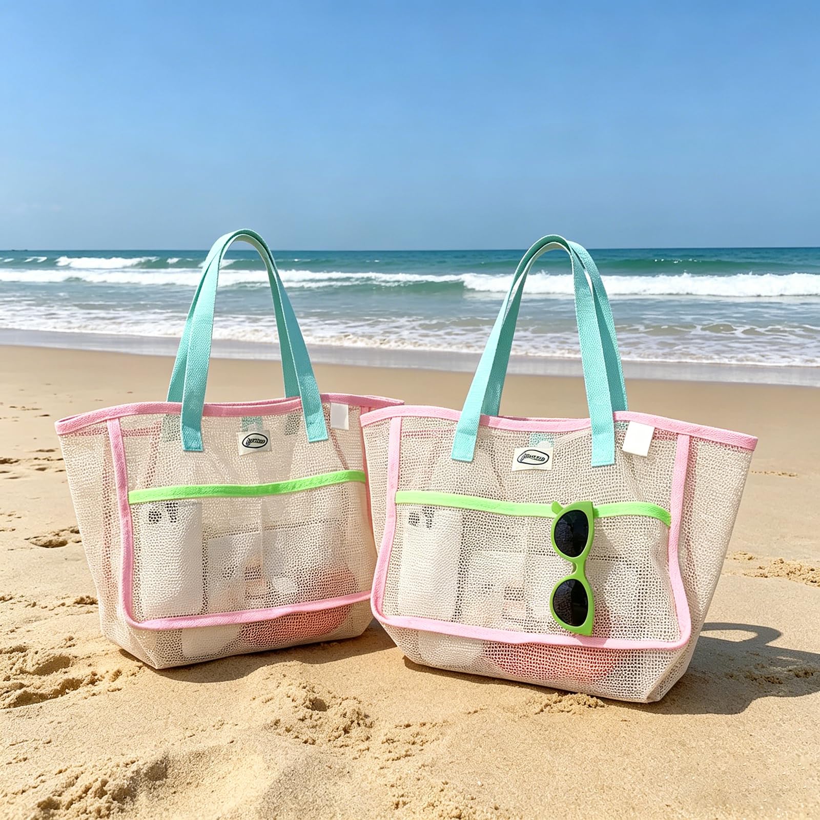 Mesh Net Bag - 여성용 비치백, 화려한 접이식 그물망 모래