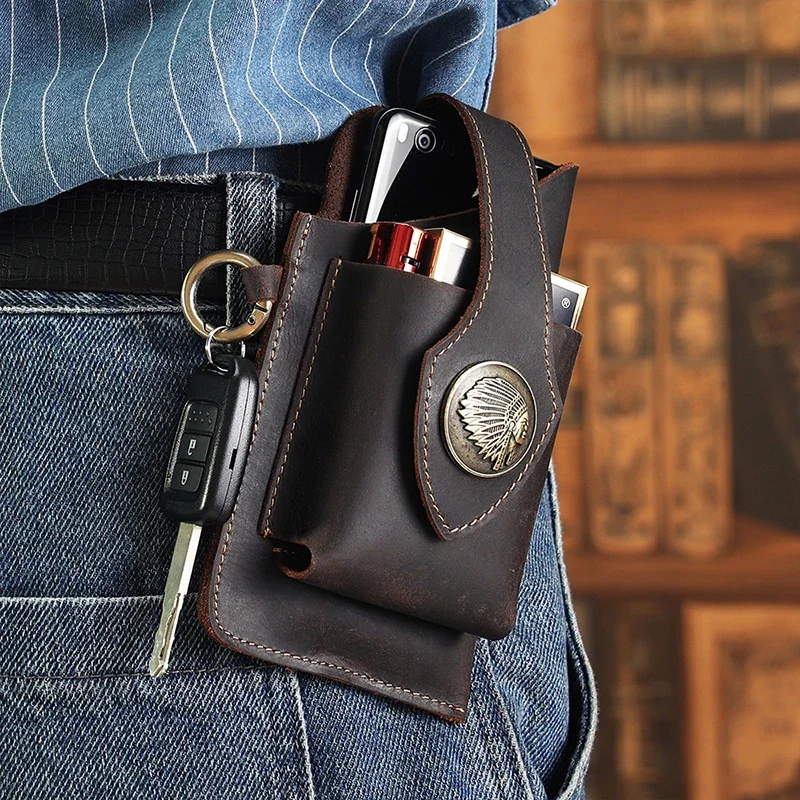 Saddle Bag Leather - 남성용 진짜 가죽 허리 가방, 휴대폰